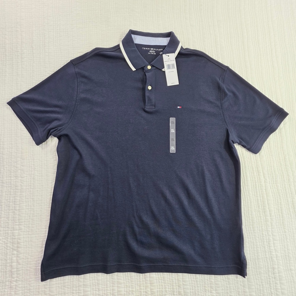 Tommy Hilfiger Mens Navy Blue Tipped Collar Cotton Polo Shirt NWT XL XM03530